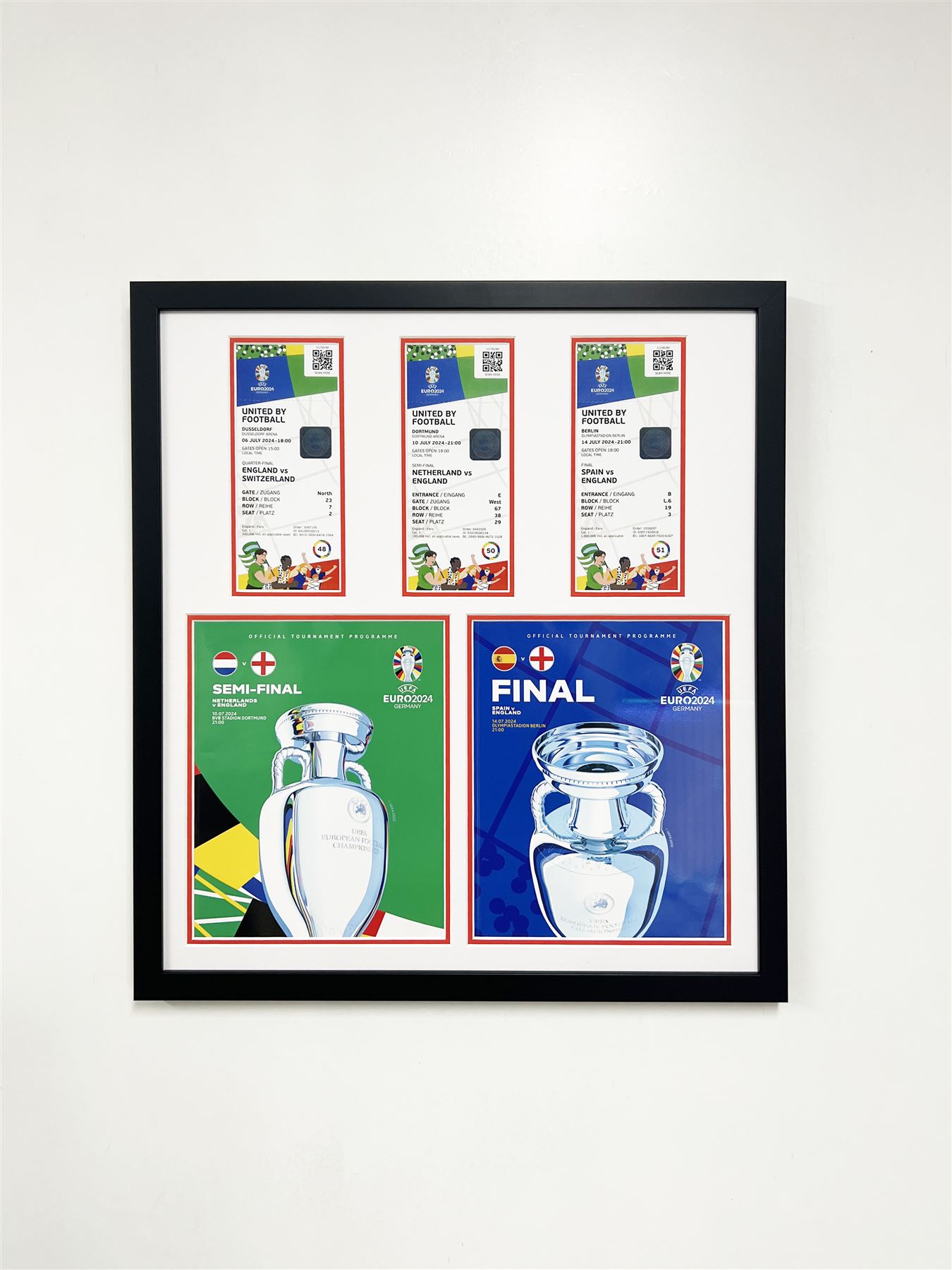 Framed Euro 2024 match tickets and programmes