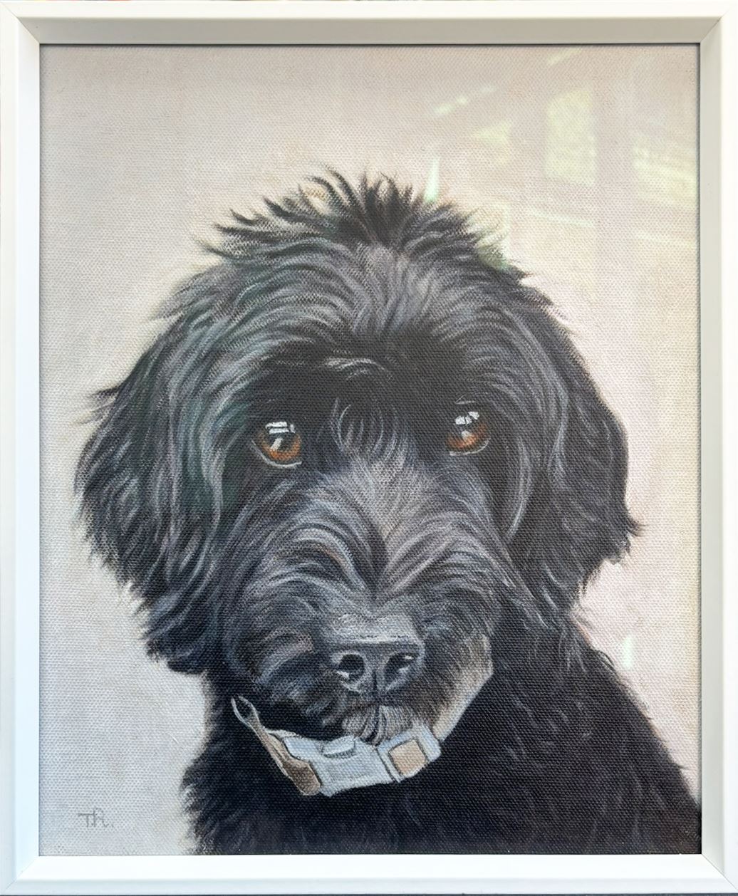Commissioned pet portrait painting, framed